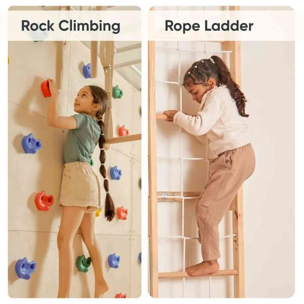 Curious Cub Ultimate Jungle Gym 4 | 7 Components - Wooden Ladder | Rope Ladder | Gymnastic Rings | Disk Swing | Trapeze Bar | Monkey Bars | Rock Climbing | Ages 4-15 Years