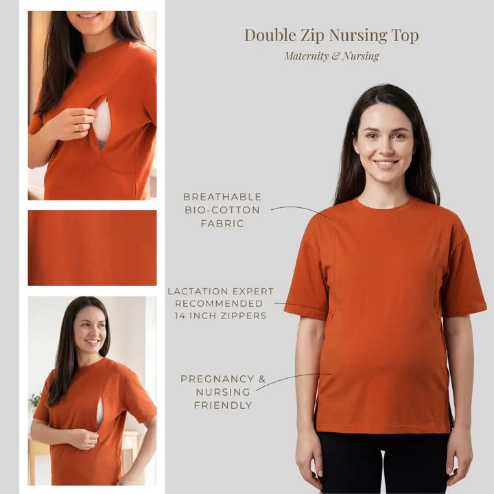 SOL MAMA Double Zip Nursing Top - Rust