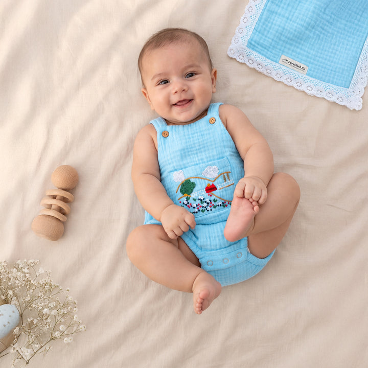 PureCloth.Co Little Countryside Blue Baby Romper