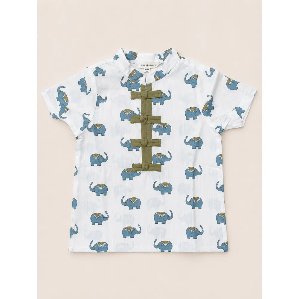 Sweetlime By AS Baby Boys Elephant Printed Cotton Mandarin Kurta with Olive Cotton Pants Co-ord Set - White &amp; Olive Green