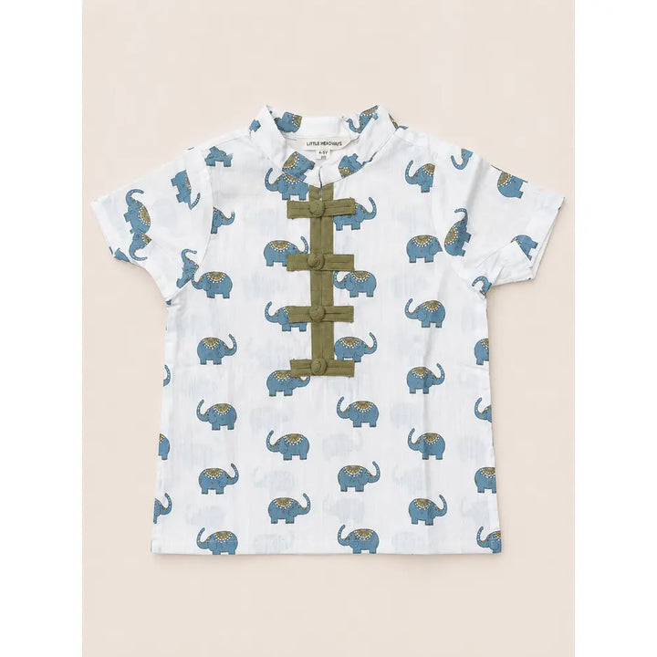 Sweetlime By AS Baby Boys Elephant Printed Cotton Mandarin Kurta with Olive Cotton Pants Co-ord Set - White &amp; Olive Green