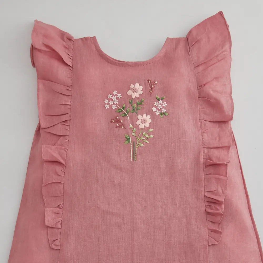 Liz Jacob Shift Linen Dress With Ruffled Sleeves - Whole Lot Of Love -  Peach