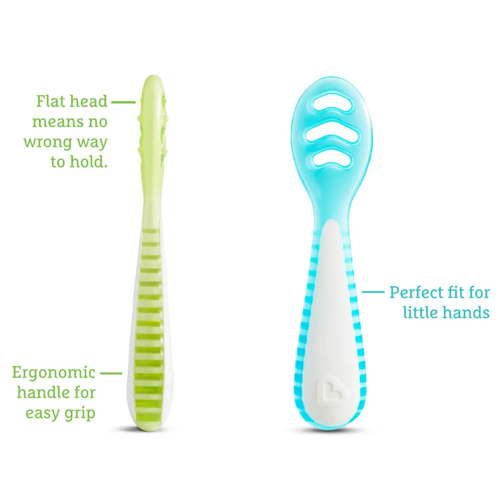Munchkin Gentle Dip Multistage Infant Spoon Set, Silicone Self-Feeding Spoons for Baby-Led Weaning, Stage 1 &amp; Stage 2, BPA-Free, 4+ Months - Blue / Green