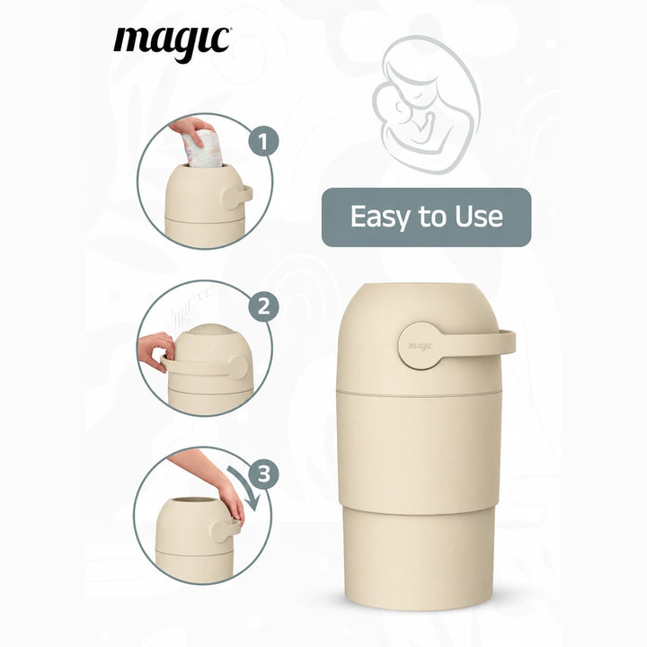 Magic THOTH M Diaper Pail, Odorless Nappy Bin, Compact &amp; Space-Saving Design, Compatible with Regular Plastic Bags, Converts for 2nd Life Use, Holds Up to 25 Newborn Diapers - Beige