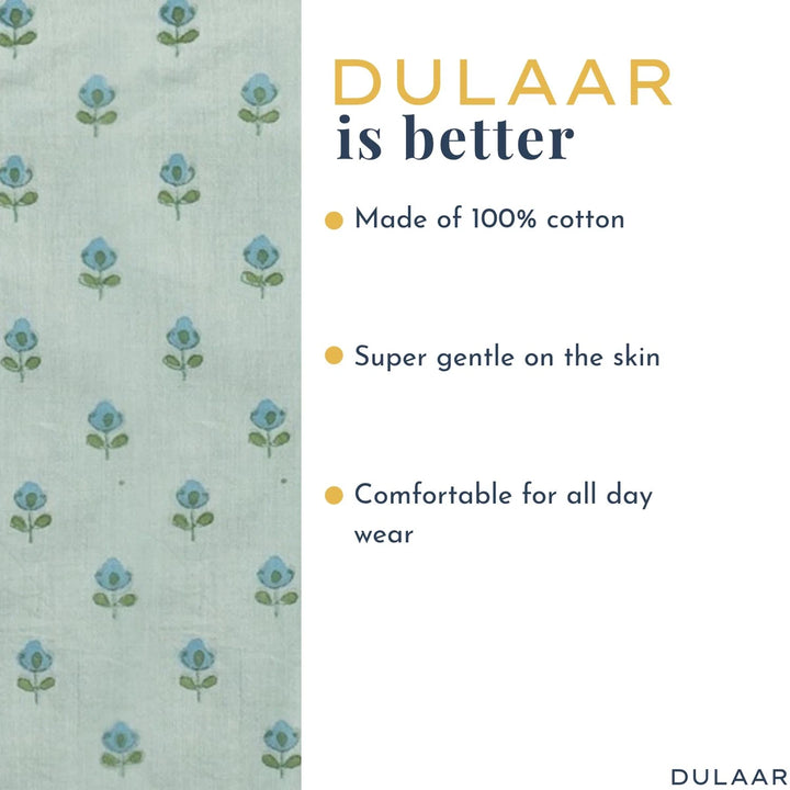 Dulaar Cotton Kurta Pyjama Set for Boys | Hand-Block Printed (Gota Work)-Flowers from Sanganer (Sky)