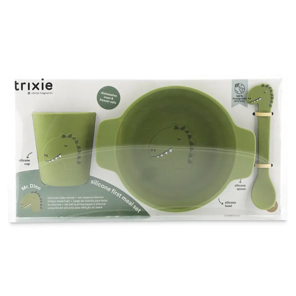 Trixie Silicone First Meal Set | 100% Food-Grade Silicone Feeding Set with Bowl, Cup &amp; Spoon for Baby Weaning &amp; Self-Feeding | 4 Months Onwards | Mr. Dino