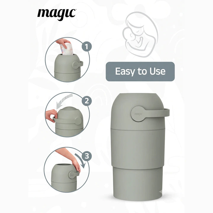 Magic THOTH M Diaper Pail, Odorless Nappy Bin, Compact &amp; Space-Saving Design, Compatible with Regular Plastic Bags, Converts for 2nd Life Use, Holds Up to 25 Newborn Diapers - Lichen