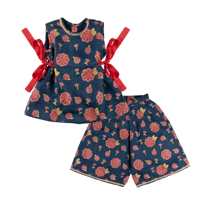 Dulaar Chanderi Top &amp; Pants Co-ord Set for Girls | Hand-Block Printed (Gota Work)-Genda Phool (Midnight)