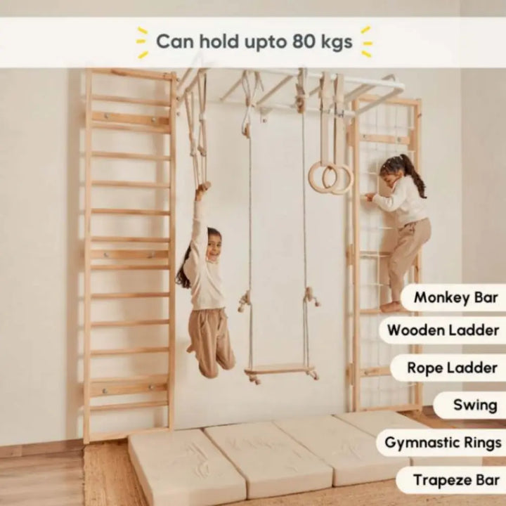 Curious Cub Ultimate Jungle Gym 2 | 6 Components - Monkey Bar, Wooden Ladder, Rope Ladder, Gymnastic Rings, Swing Trapeze bar | Ages 4-15 Years