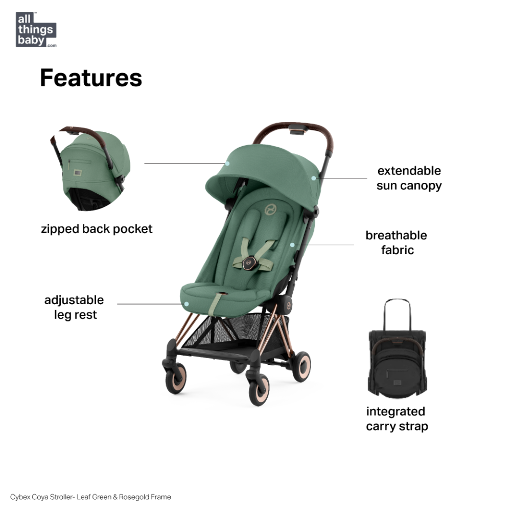 Cybex COYA Compact Travel Friendly Stroller - Leaf Green Rosegold Frame