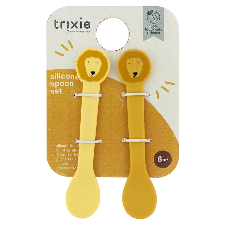 Trixie Silicone Baby Spoon Set | 100% Food-Grade Silicone First Feeding Spoons with Stainless Steel Core for Self-Feeding &amp; Weaning | 2-Pack | 4 Months Onwards | Mr. Lion