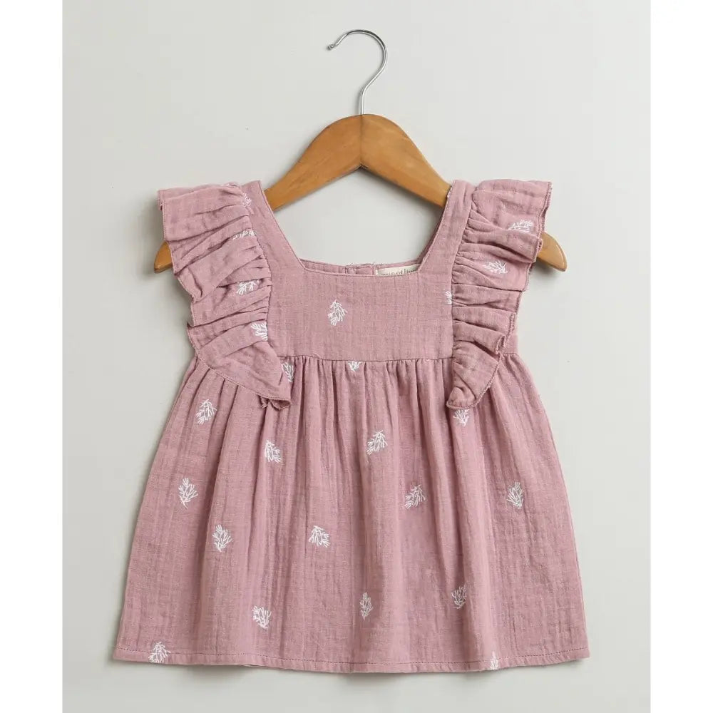 Sweetlime By AS Leaf Embroidered Ruffle Organic Cotton Co-ord Set - Dusty Pink