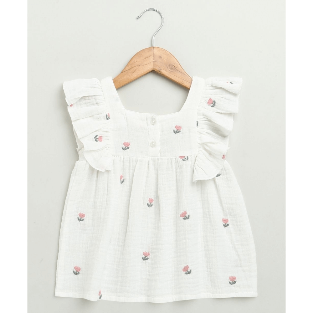 Sweetlime By AS Pink Floral Embroidery Ruffle Organic Cotton Co-ord Set
