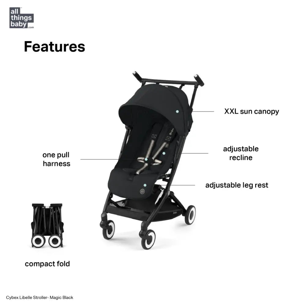 Cybex Libelle Cabin Friendly Lightweight Stroller with Raincover &amp; Weather Protector, Compact Fold, Reclining Seat, 5-Point Harness, Hand Luggage Compatible, and Adjustable Legrest from 6 months to 4 Years - Magic Black