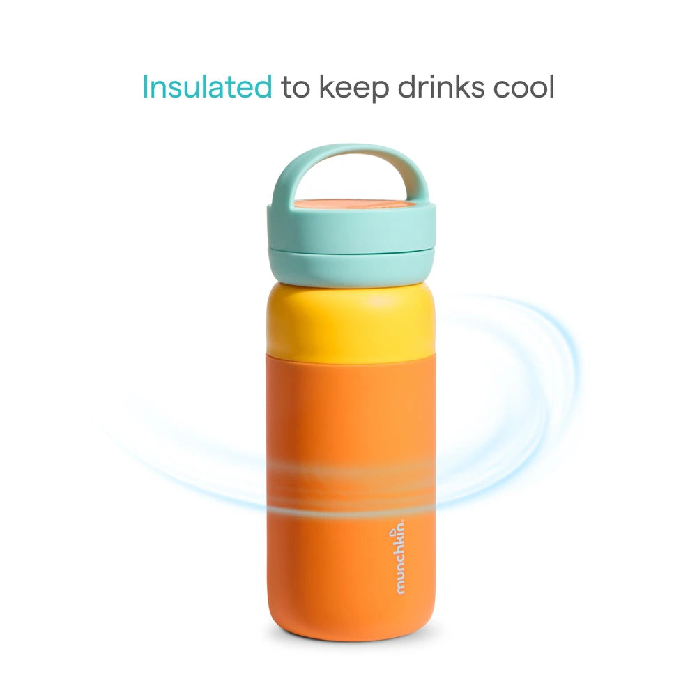 Munchkin Stay Cool Insulated Water Bottle, 355ml/ 12oz, Toddler Straw Bottle, With Flip Flop Lid &amp; Carrying Handle, Spill Proof valve, 24+ Months - Orange