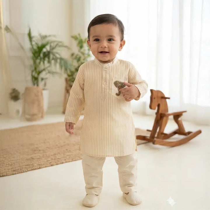 PureCloth.Co Royal Elephant | Boys Silk Kurta - Golden Stripe