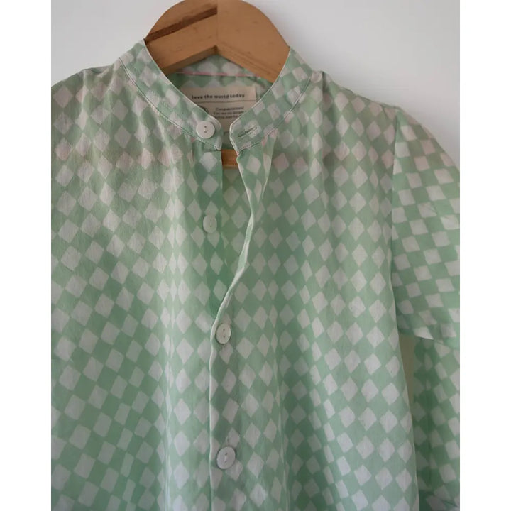 Love The World Today Unisex Barefoot Boy Shirt In Sage Green Rhombus