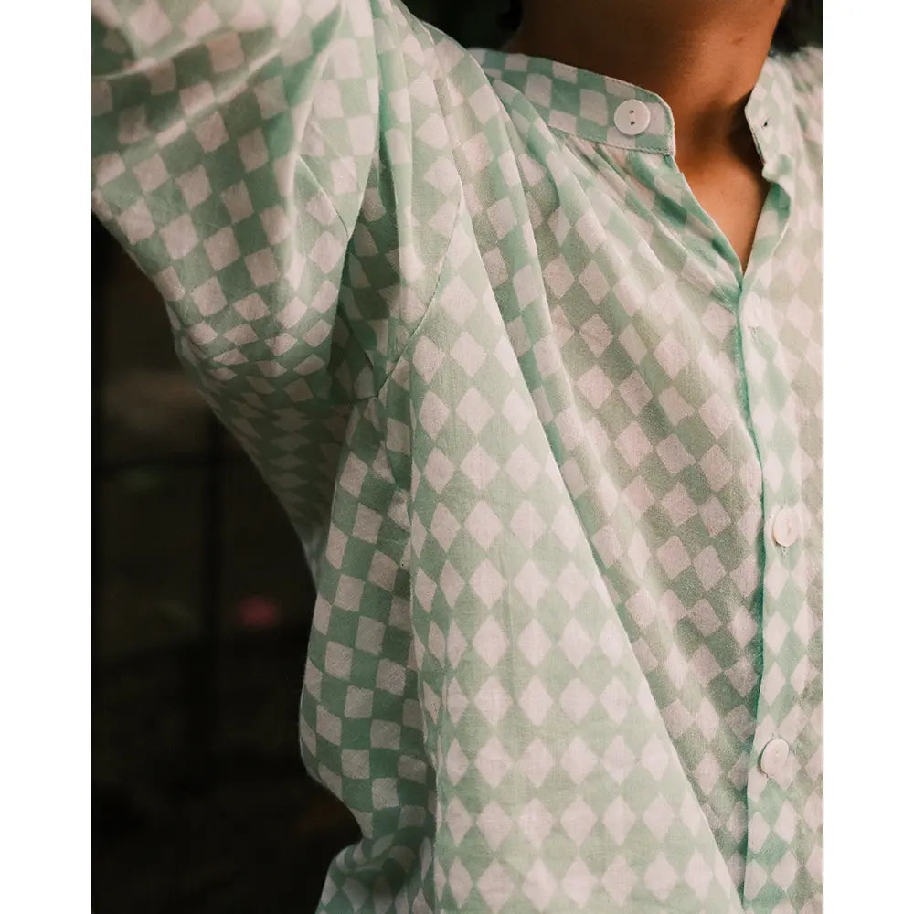 Love The World Today Unisex Barefoot Boy Shirt In Sage Green Rhombus
