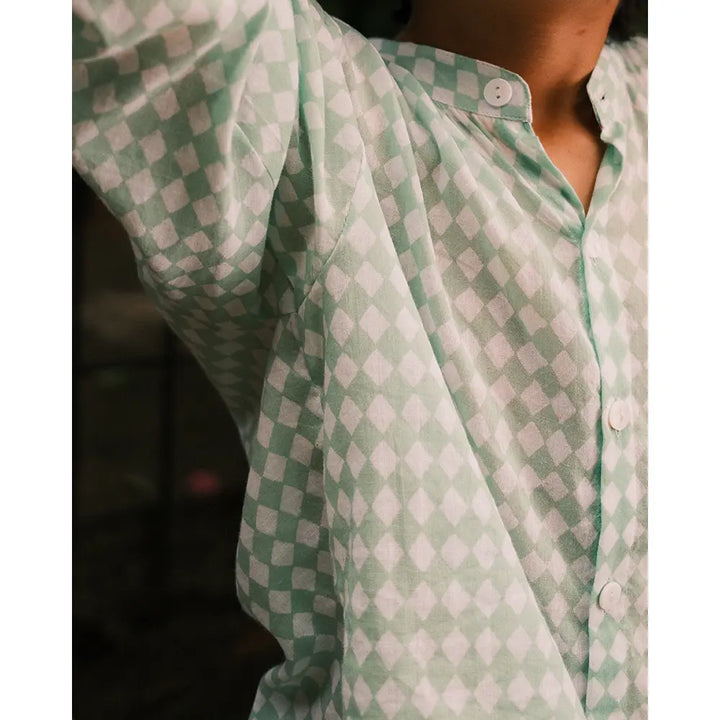 Love The World Today Unisex Barefoot Boy Shirt In Sage Green Rhombus