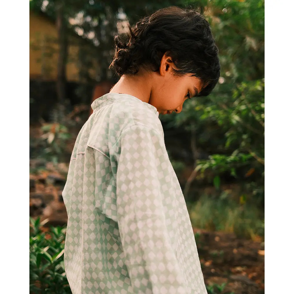 Love The World Today Unisex Barefoot Boy Shirt In Sage Green Rhombus