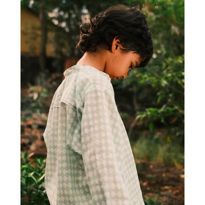 Love The World Today Unisex Barefoot Boy Shirt In Sage Green Rhombus