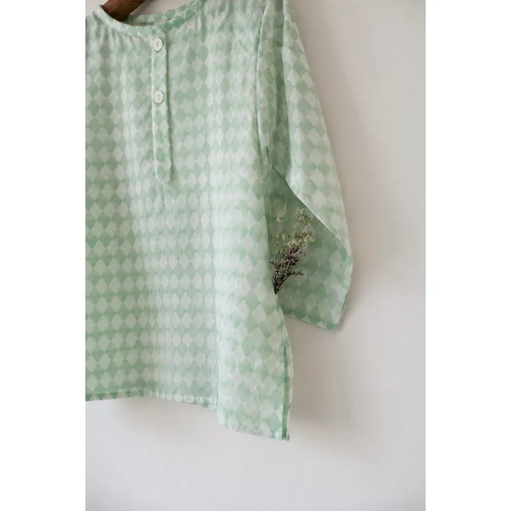 Love The World Today Sleepover Party Kids Unisex Kurta In Sage Green Rhombus