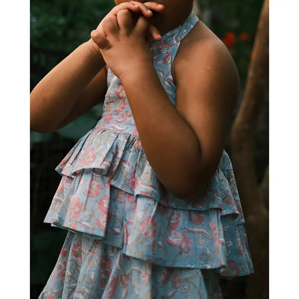 Love The World Today Flutter Sky Blue Butterfly Halter Top Skirt Co-Ord For Girls