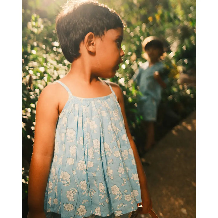 Love The World Today Blossom Powder Blue Spaghetti Top Shorts Set For Girls