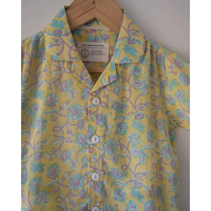 Love The World Today Unisex Boogie Shirt In Lemon Yellow Butterfly Blockprint