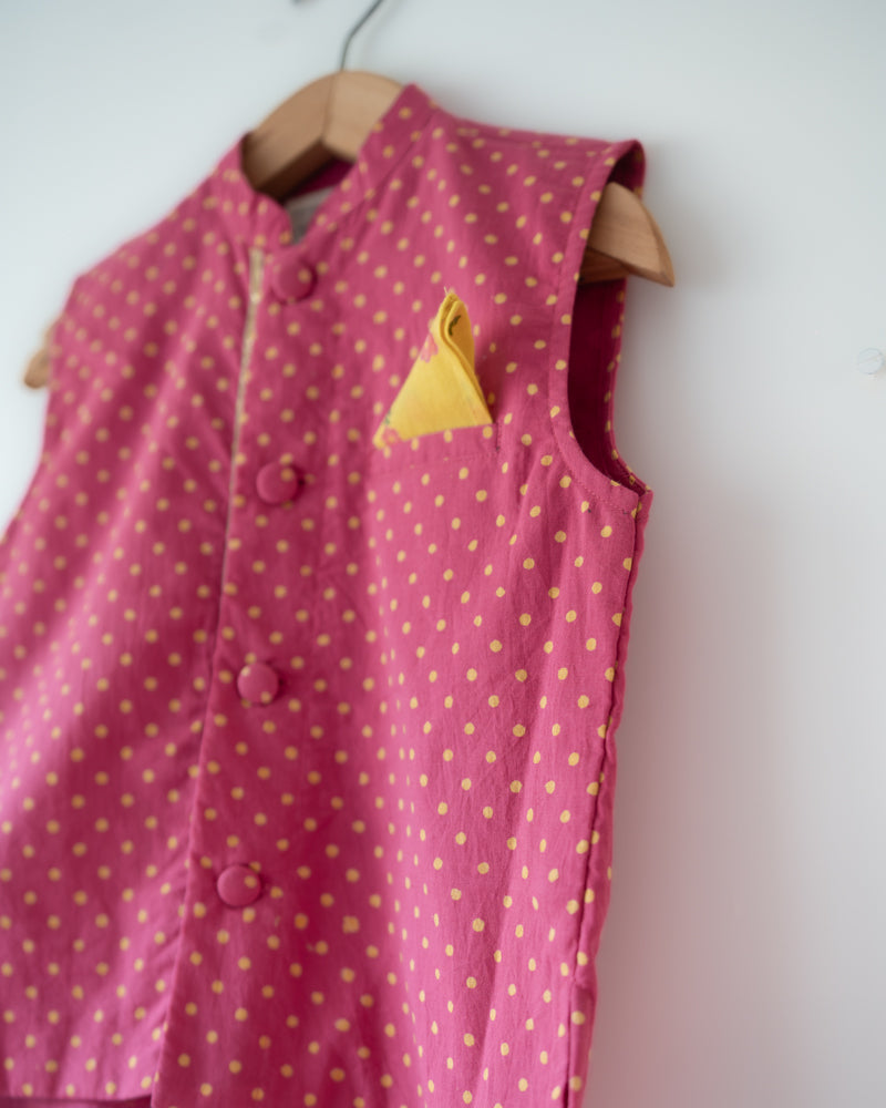 Love The World Today Kumkum Magenta Polka Cotton Bandi Jacket For Boys