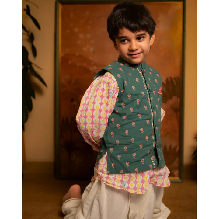 Love The World Today Kopal Green Floral Booti Cotton Bandi Jacket For Boys