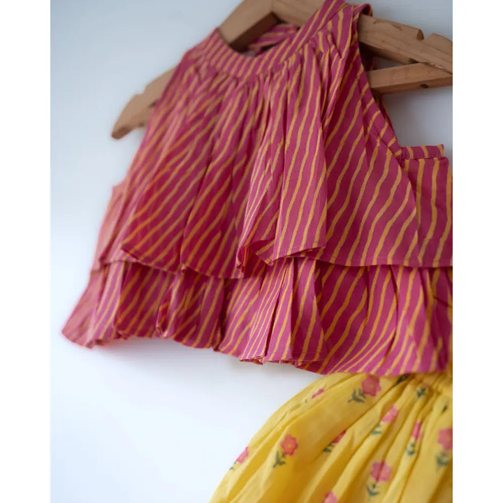 Love The World Today Meera Pink Striped Halter Choli and Yellow Floral Booti Lehenga Set For Girls