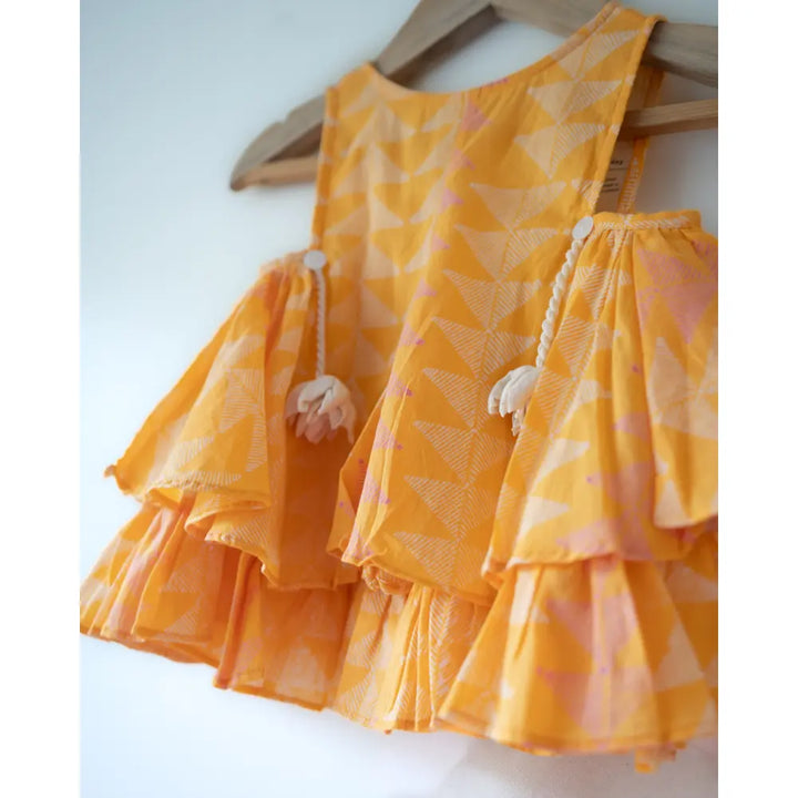 Love The World Today Chandan Mustard Yellow Ruffle Top &amp; Off-White Palazzo Set For Girls