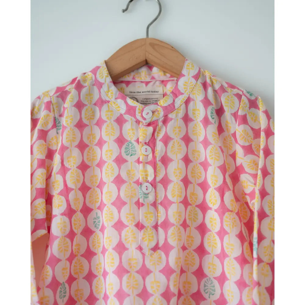 Love The World Today Leela Pink White Monstera Print Full Sleeve Shirt Kurta For Boys