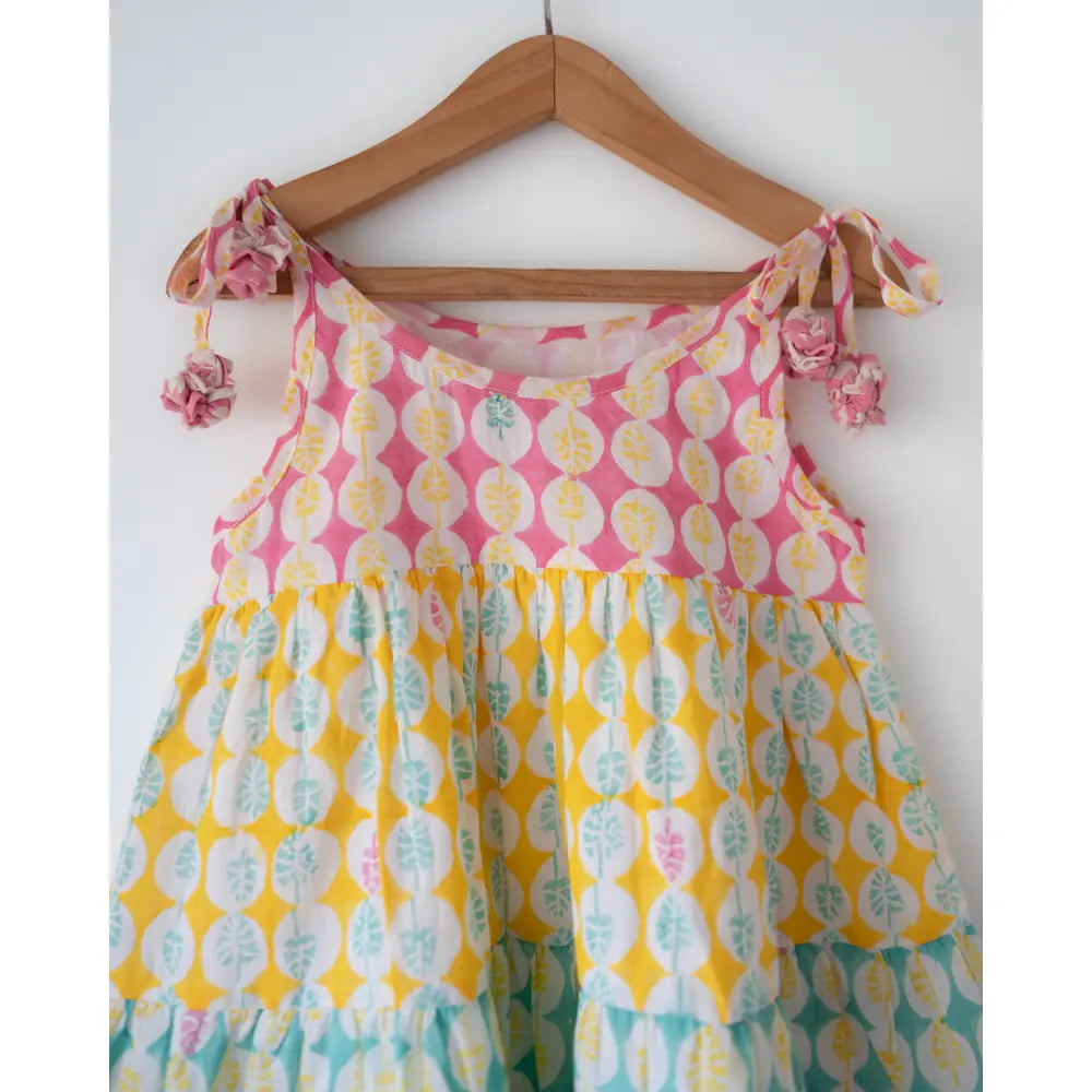 Love The World Today Rasa Green Monstera Print Infant Tiered Frock For Girls
