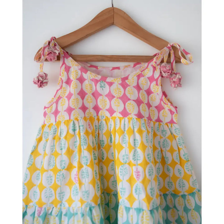 Love The World Today Rasa Green Monstera Print Infant Tiered Frock For Girls
