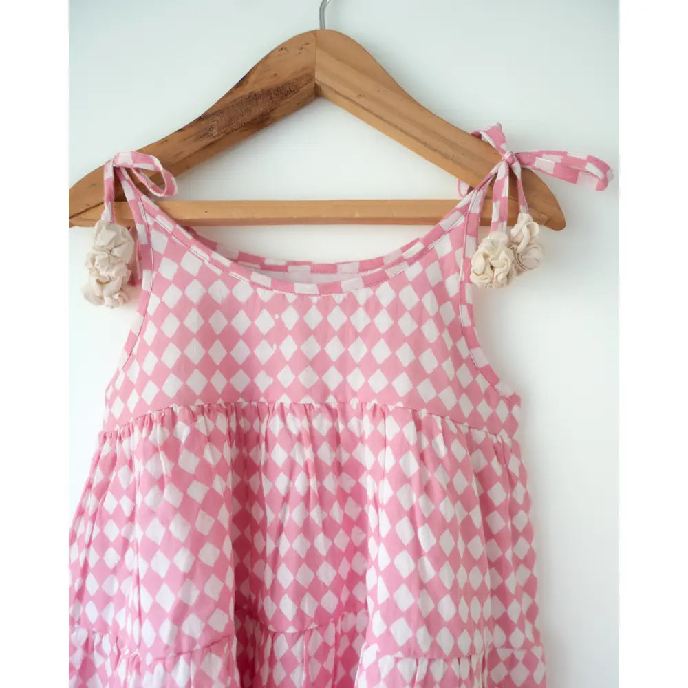 Love The World Today Leela Pink Rhombus Infant Tiered Frock For Girls