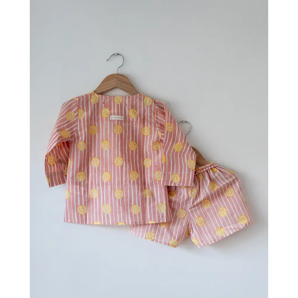 Love The World Today Sleepover Party Kurta and Shorts Co-ord Set - Lemon Drizzle Peach Print - Blue