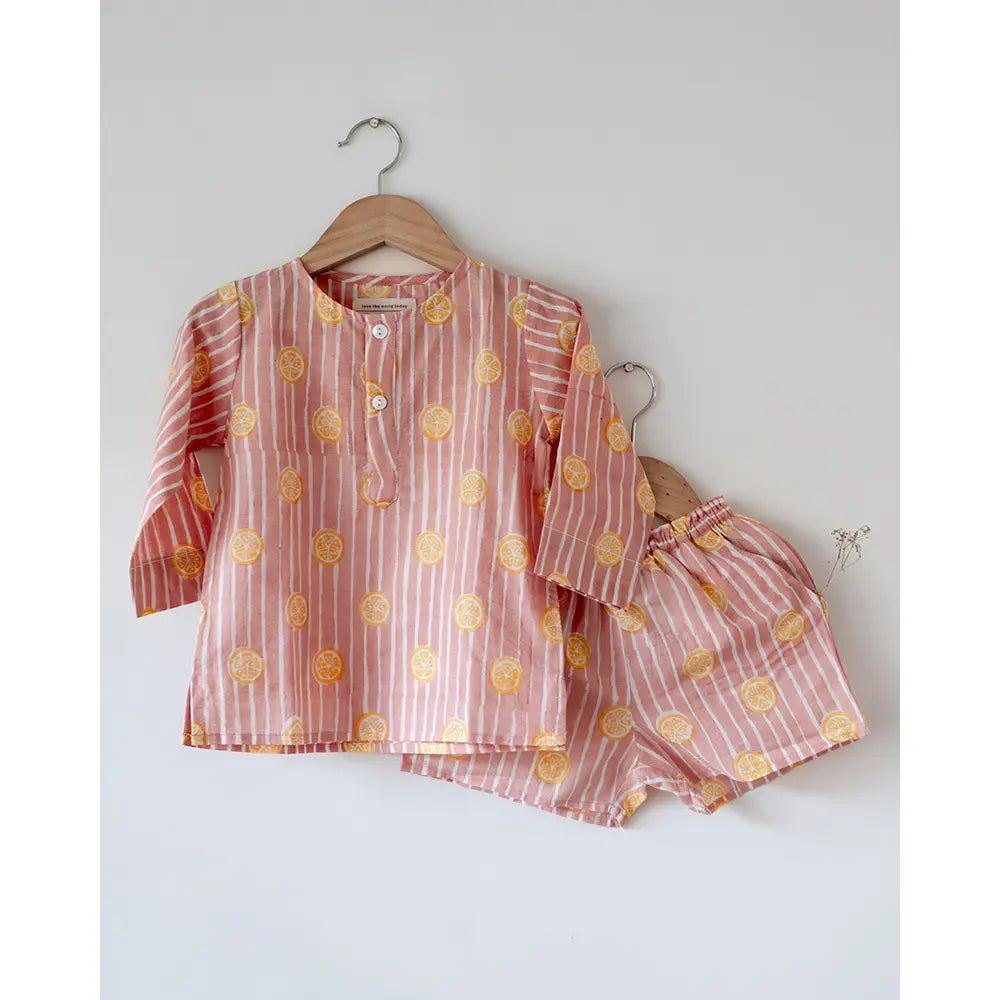Love The World Today Sleepover Party Kurta and Shorts Co-ord Set - Lemon Drizzle Peach Print - Blue