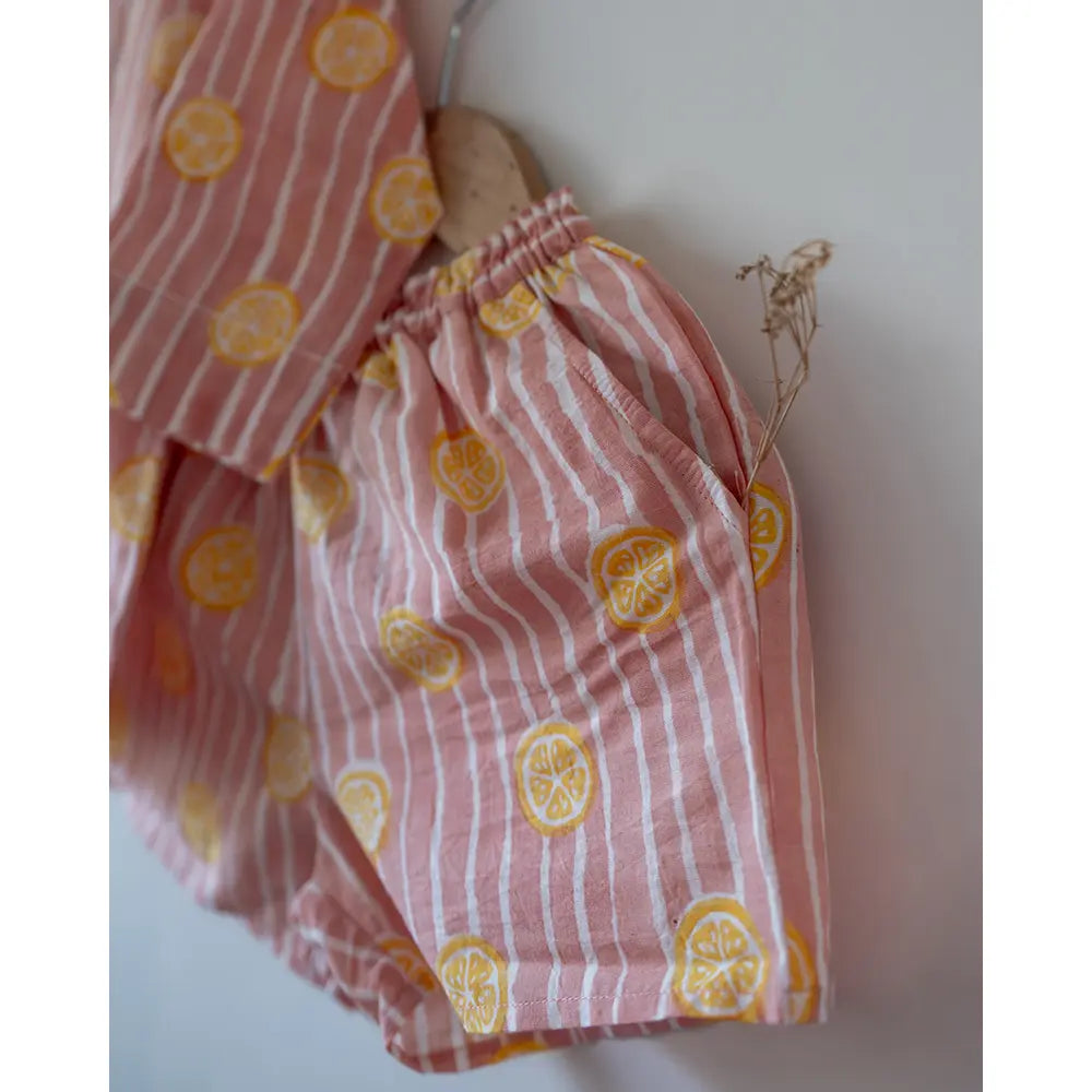Love The World Today Sleepover Party Kurta and Shorts Co-ord Set - Lemon Drizzle Peach Print - Blue