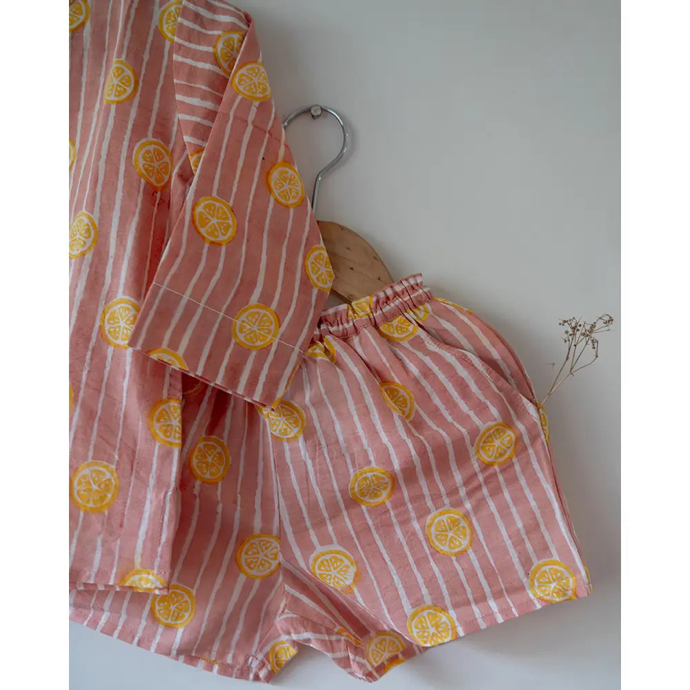 Love The World Today Sleepover Party Kurta and Shorts Co-ord Set - Lemon Drizzle Peach Print - Blue