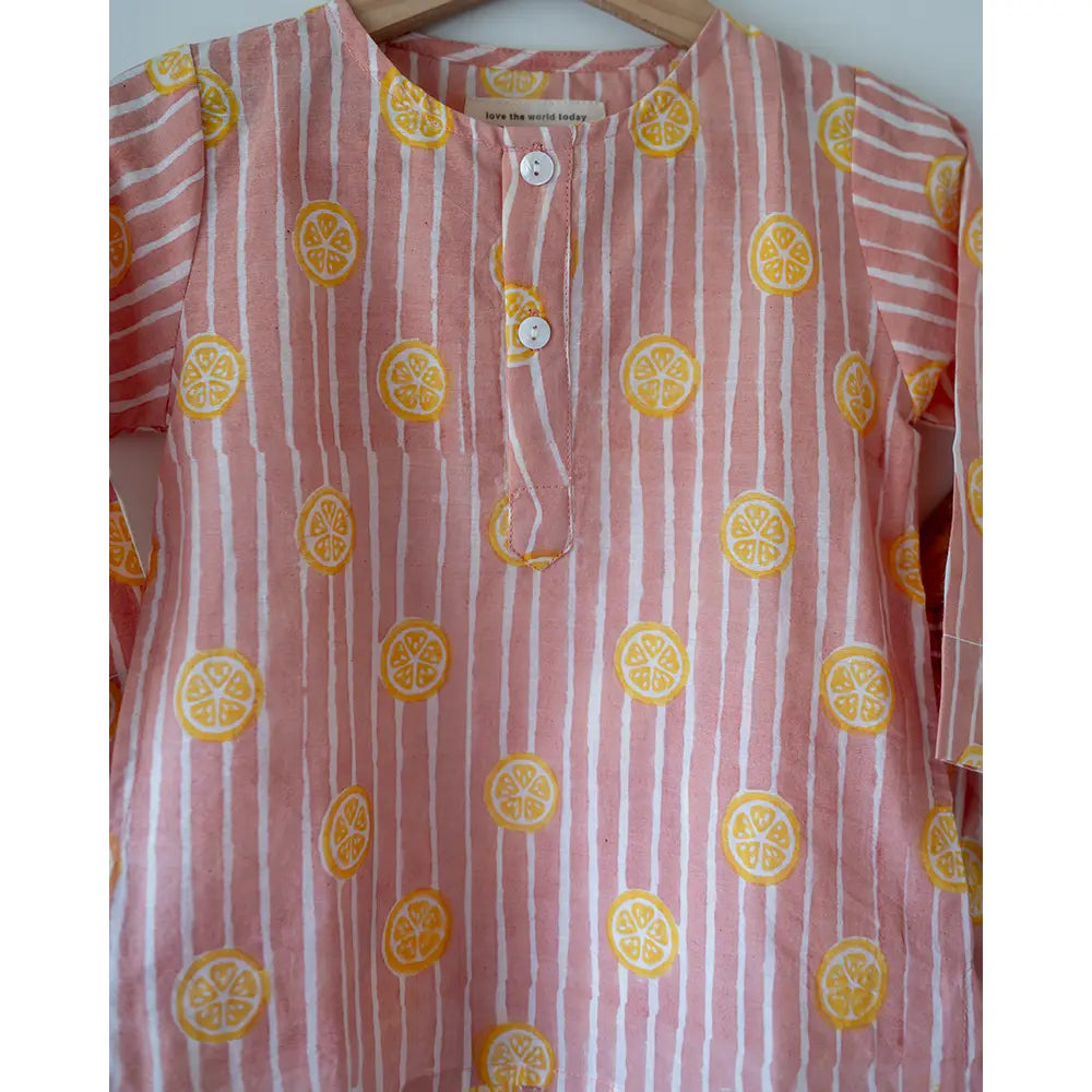 Love The World Today Sleepover Party Kurta and Shorts Co-ord Set - Lemon Drizzle Peach Print - Blue