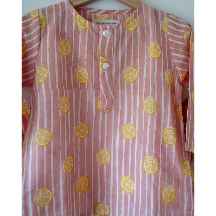 Love The World Today Sleepover Party Kurta and Shorts Co-ord Set - Lemon Drizzle Peach Print - Blue