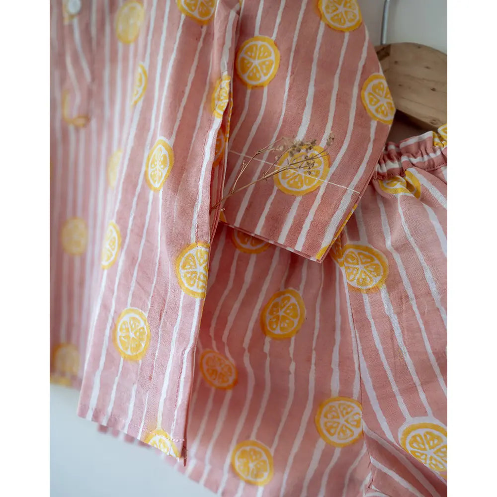 Love The World Today Sleepover Party Kurta and Shorts Co-ord Set - Lemon Drizzle Peach Print - Blue