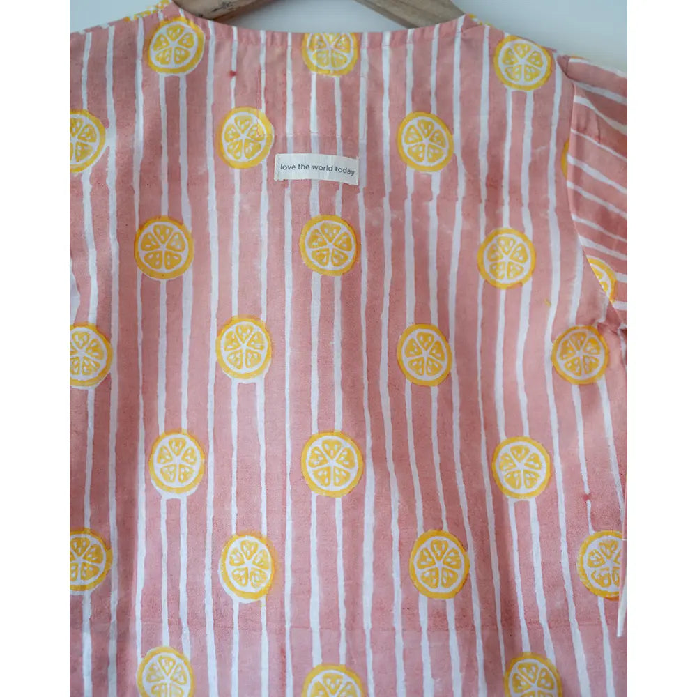 Love The World Today Sleepover Party Kurta and Shorts Co-ord Set - Lemon Drizzle Peach Print - Blue