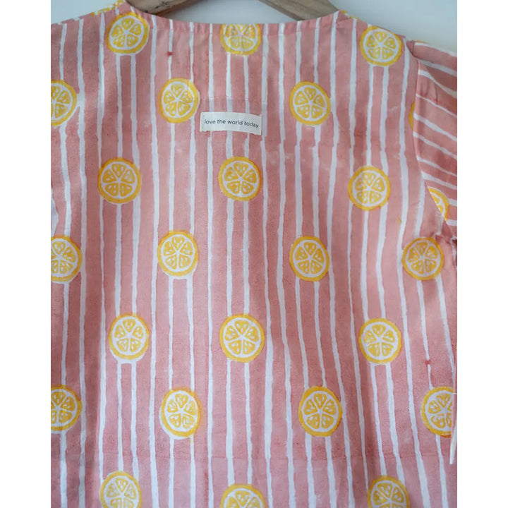 Love The World Today Sleepover Party Kurta and Shorts Co-ord Set - Lemon Drizzle Peach Print - Blue