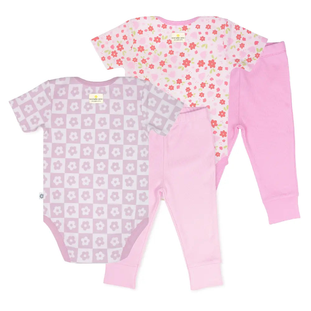 Nintara Baby 100% Cotton Unisex Bodysuit &amp; Pant Set – Baby Bloom (Pack of 2)