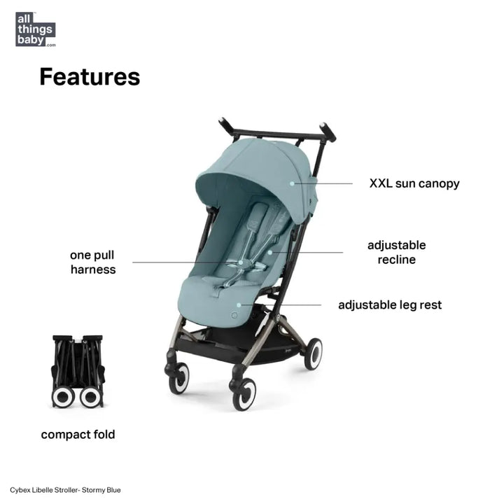 Cybex Libelle Cabin Friendly Lightweight Stroller with Newborn Car Seat Adapter, Compact Fold, Reclining Seat, 5-Point Harness, Hand Luggage Compatible, and Adjustable Legrest from 6 months to 4 Years - Stormy Blue