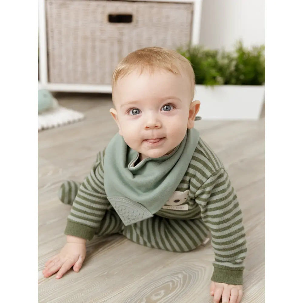 Cheeky Chompers Neckerchew for Babies &amp; Toddlers, Reversible Bib with Attached Silicone Teether, Super Absorbent, BPA-Free, 2–24 Months - Sage Green