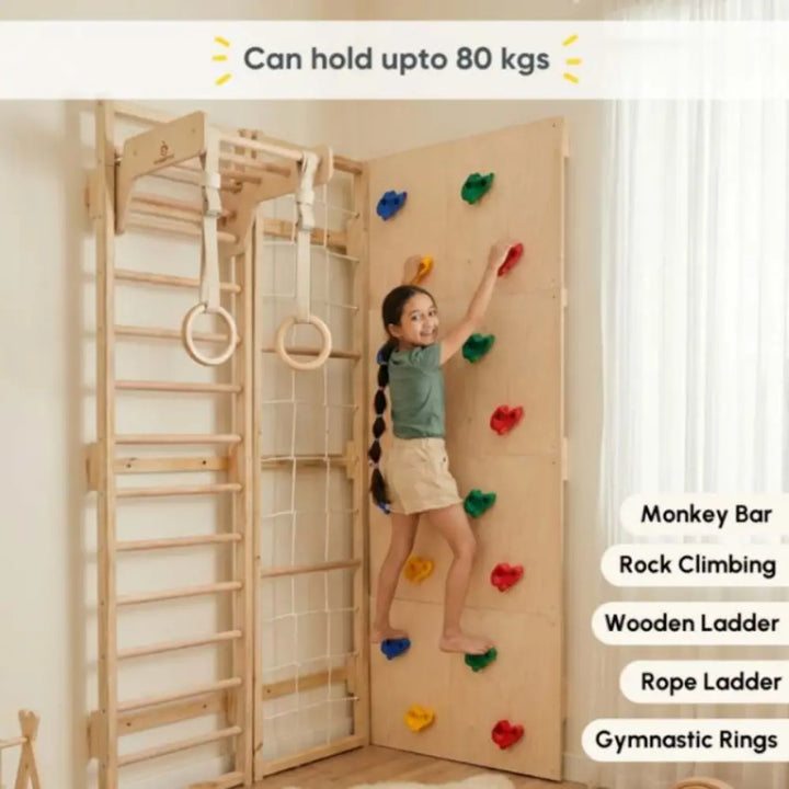 Curious Cub L-Shaped Corner Jungle Gym | 5 Components - Wooden Ladder, Moveable Monkey Bar, Rock Climbing, Rope ladder, Gymnastic Rings | Ages 4-15 Years